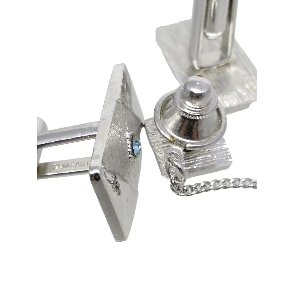 Blue Crystal Cufflinks Tie Tac Bar Sarah Coventry Brushed Silver Tone Formal Set